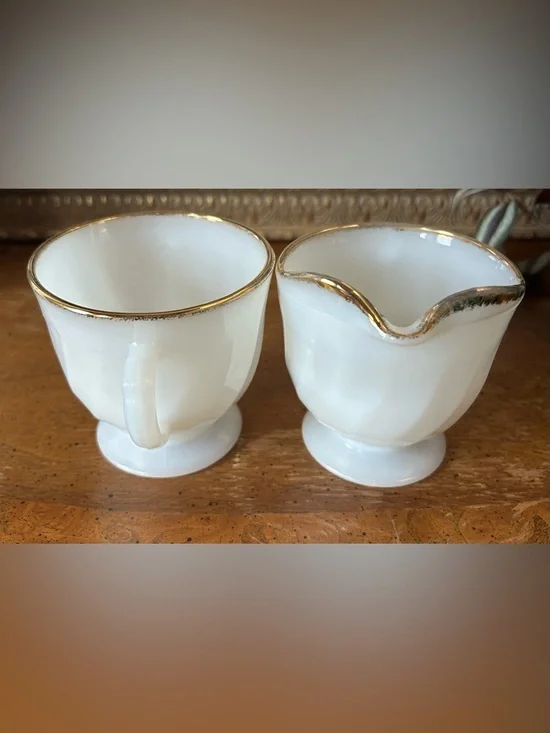 Vintage Fire King White Milk Glass Swirl Sugar Bowl and Creamer - Picture 2 of 12